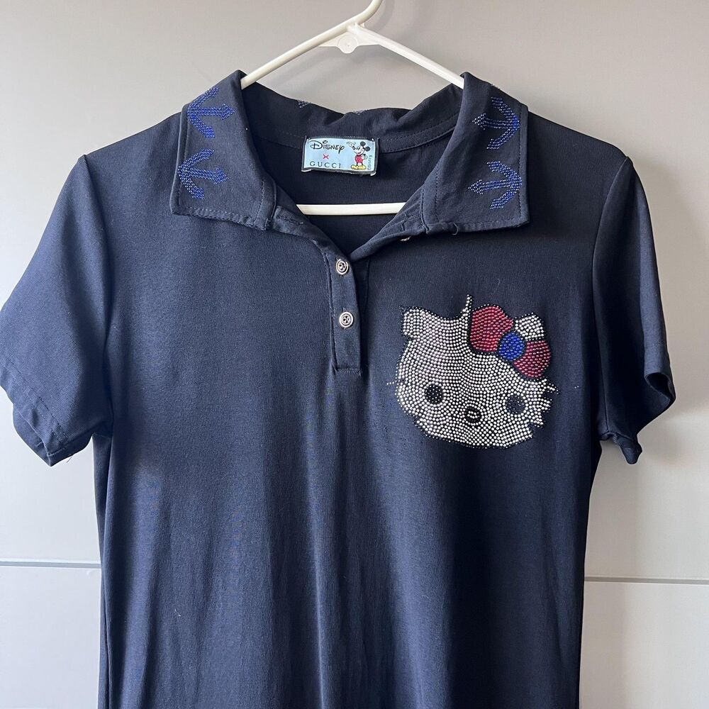 Hello Kitty Dress Womens Small‎ Black Polo Rhinestone Nautical Sparkle Anchors - Picture 3 of 14